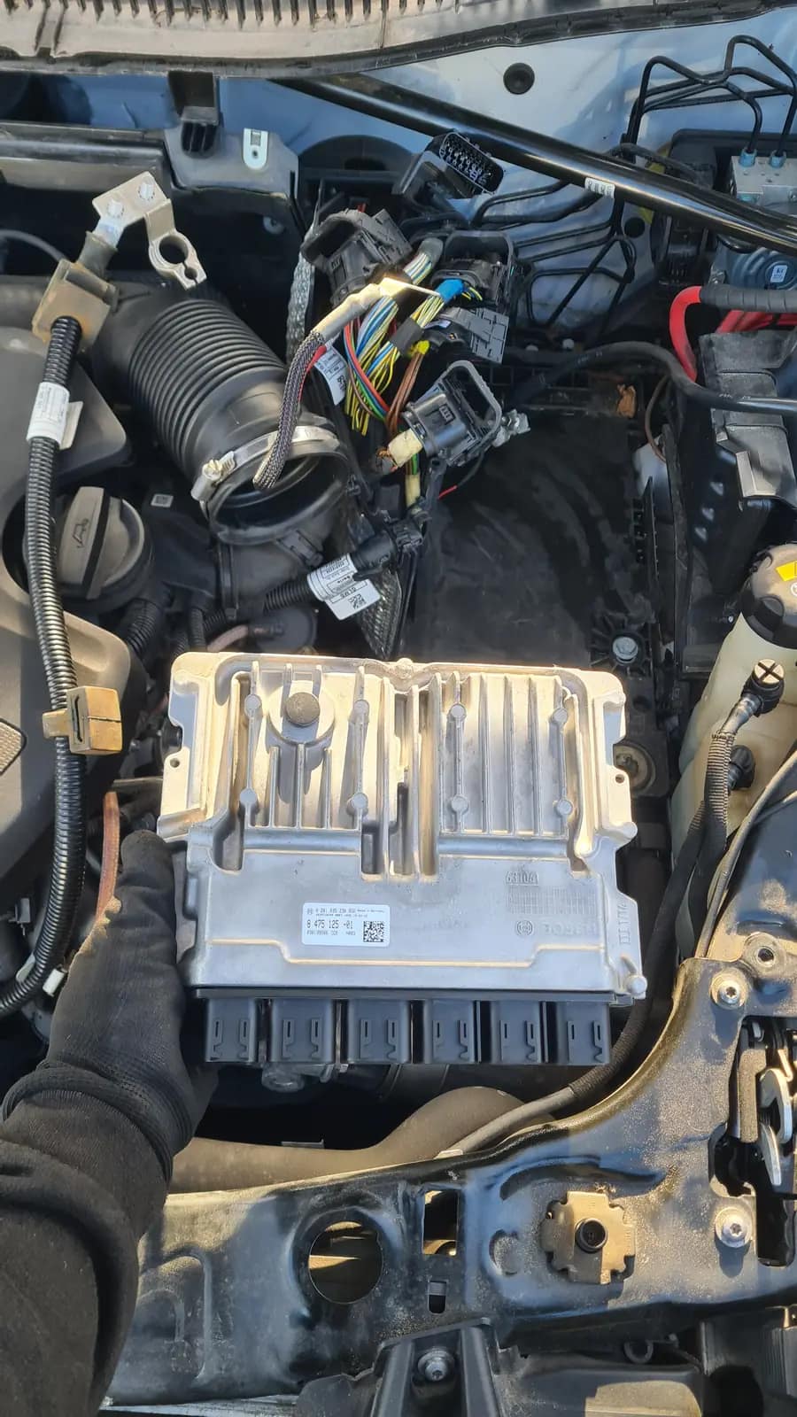 The engine control unit exposed in the engine bay for a bench read